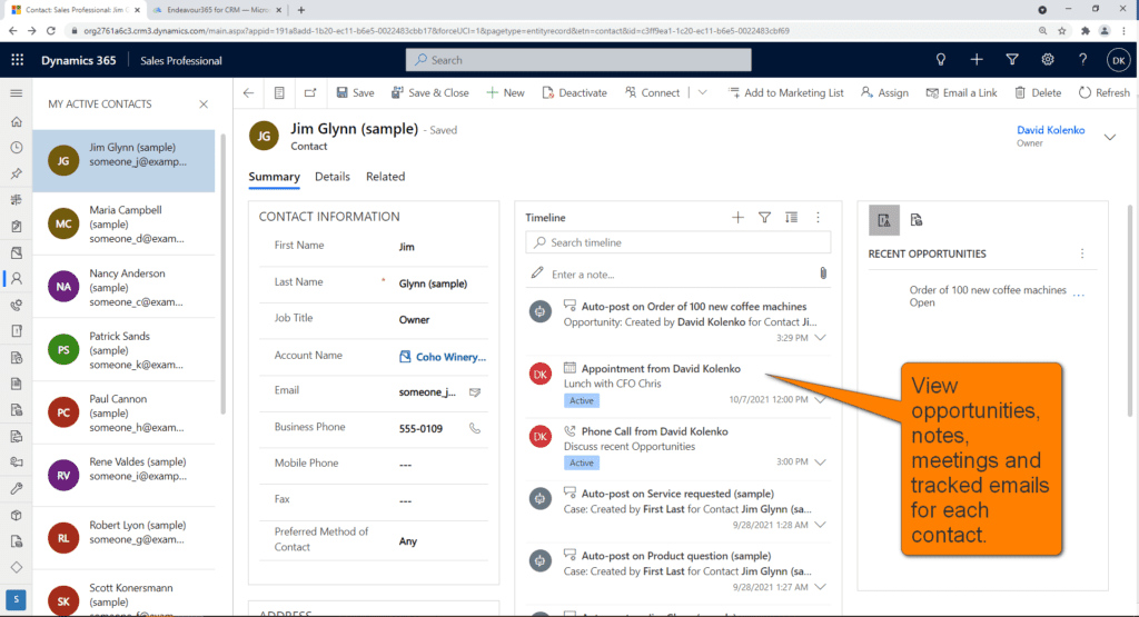 contact page Dynamics 365 including email and meeting tracking